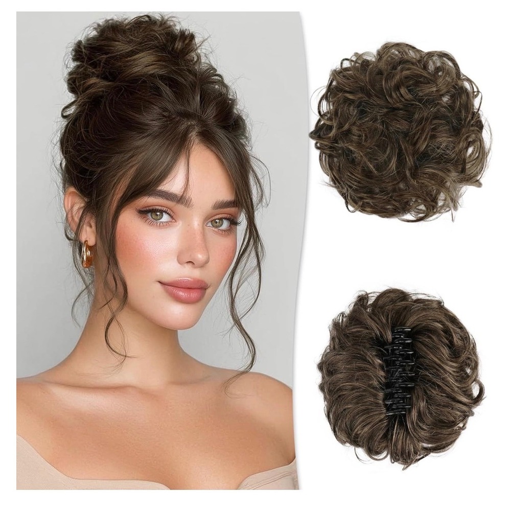 RUWISS Large Messy Bun Hair Piece Claw Clip Human Hair Brown Mixed 45g Updo
